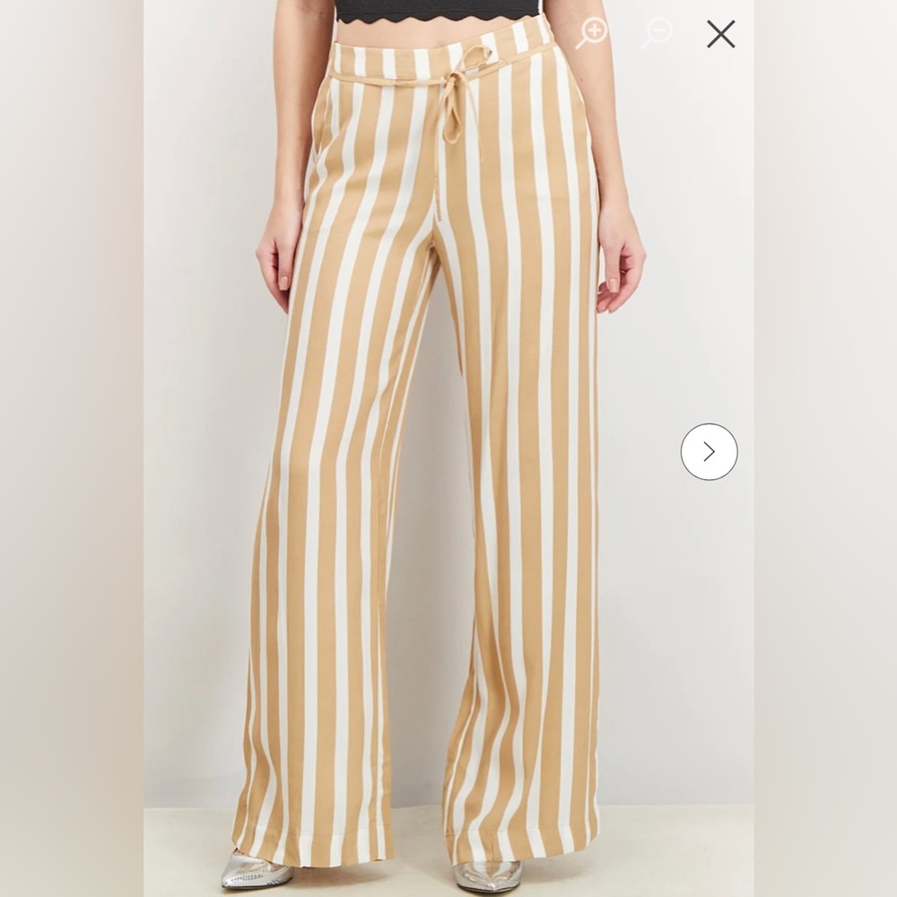 MANGO Women Wide Leg Stripe Palazo Pants with pockets, Tan and White Size XXS